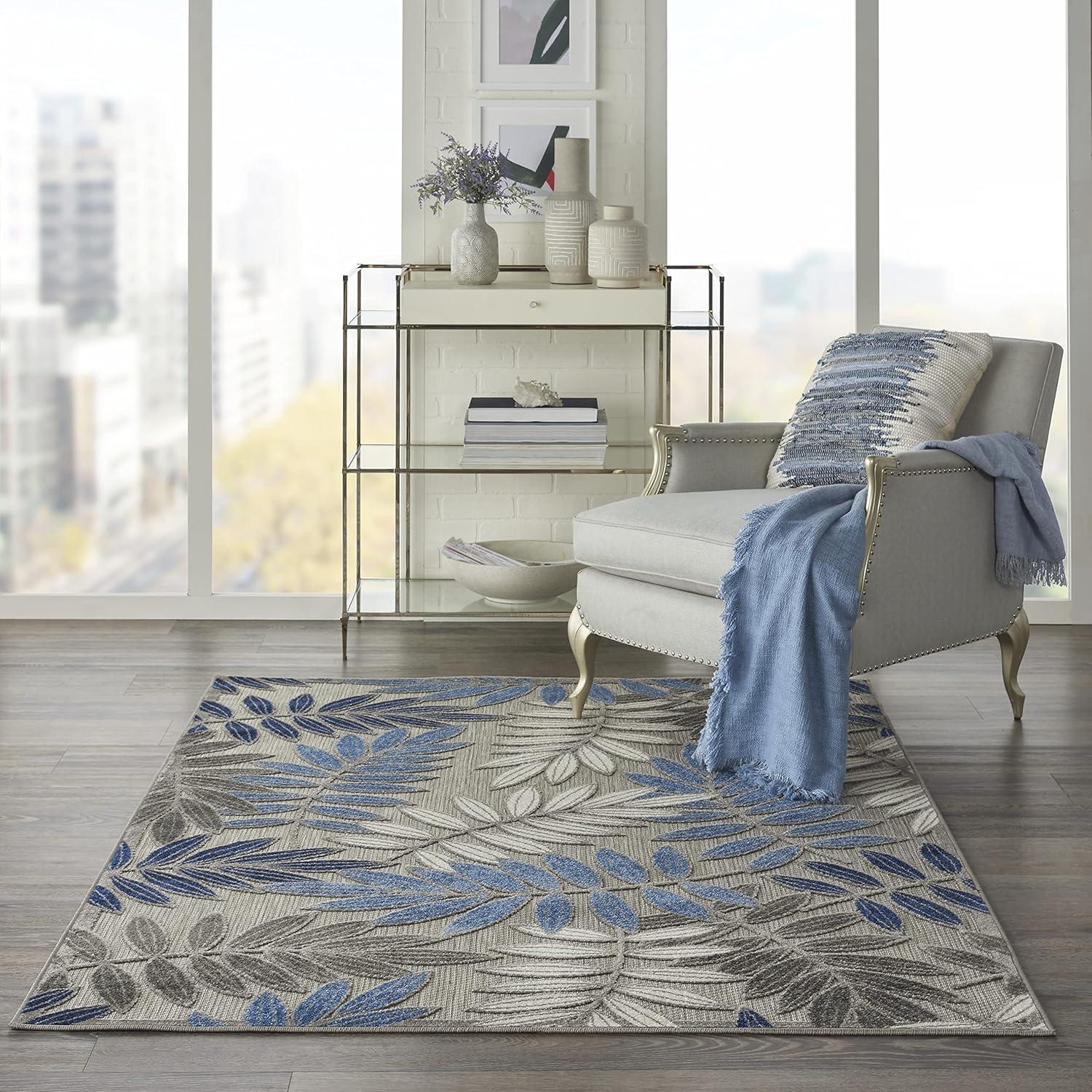 Nourison Aloha Floral Leaf Flatweave High-Low Indoor Outdoor Area Rug Grey/Blue 3'6" x 5'6"