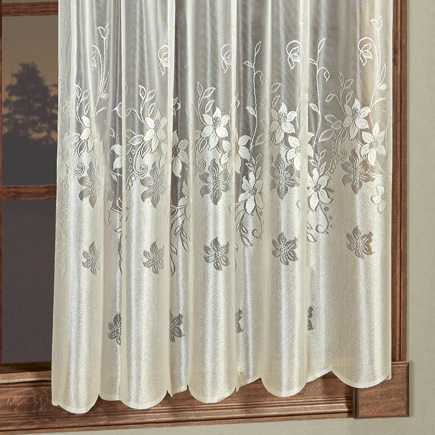 Ivory Floral Semi-Sheer Polyester Rod Pocket Curtain Panel 55 x 63 Inches