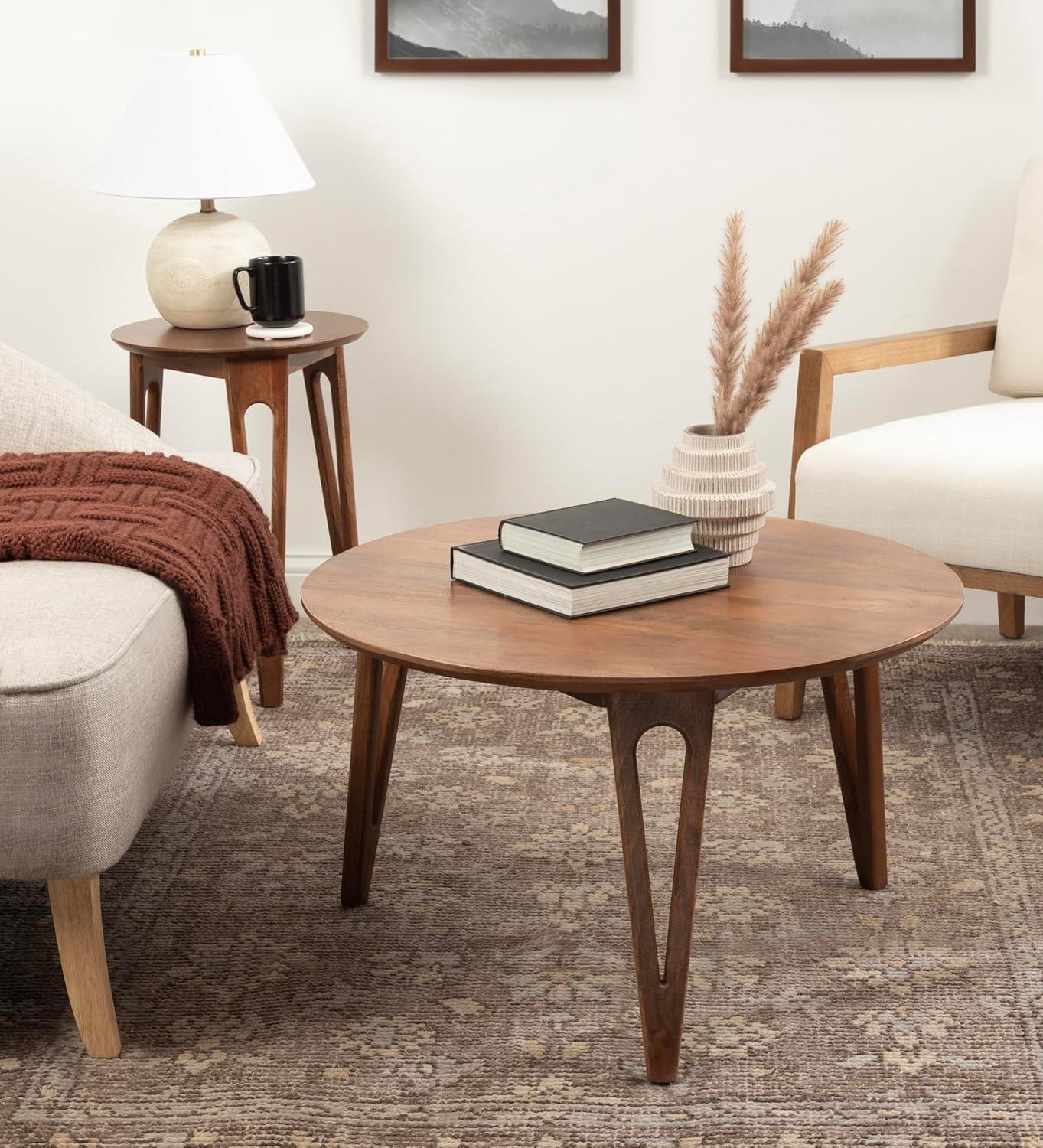 Walnut Brown Round Mango Wood Coffee Table with Hairpin Legs