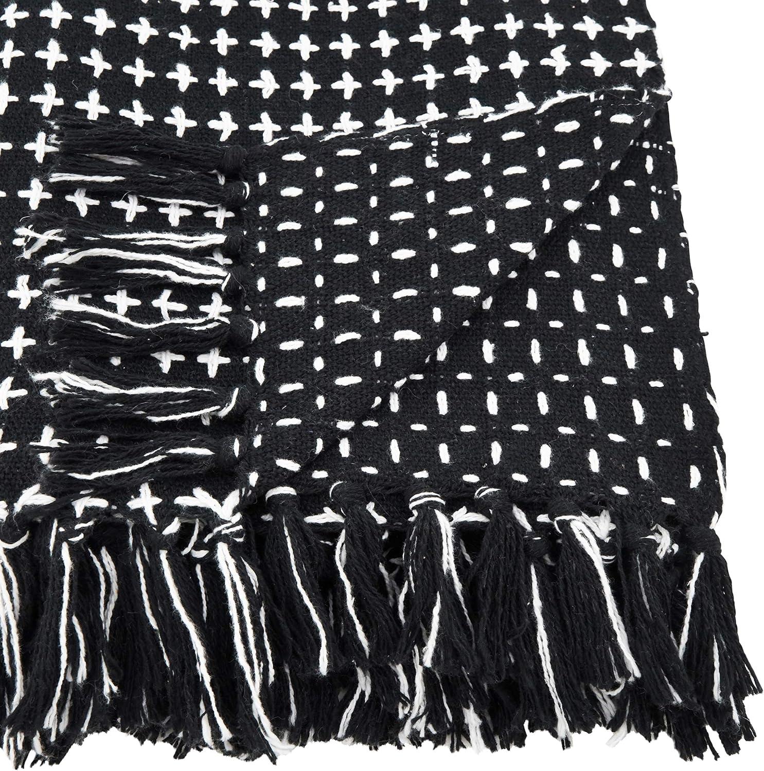 Black and White Cotton Cross Stitch Fringed Throw Blanket