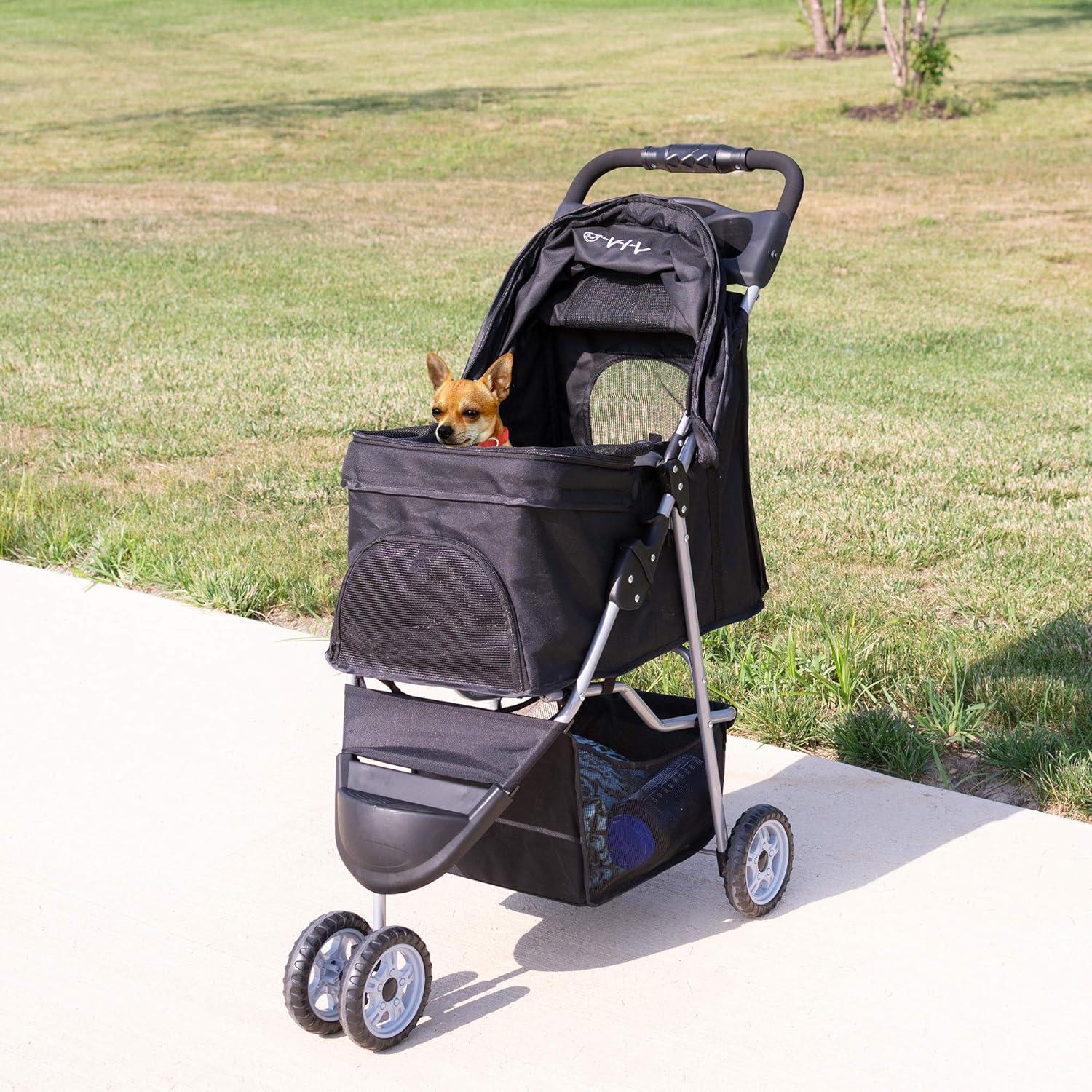 JepoIA Black 3 Wheel Pet Stroller for Cat, Dog and More, Foldable Strolling Cart, STROLR-V003K