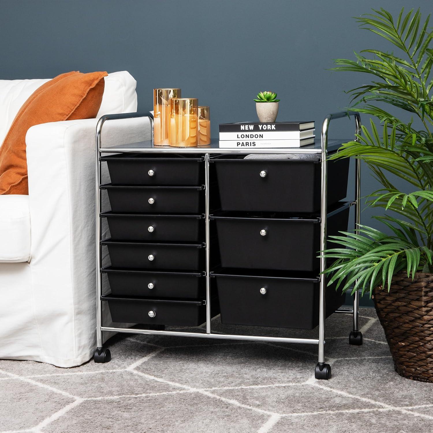 Black and Silver 9-Drawer Rolling Utility Cart with Metal Frame