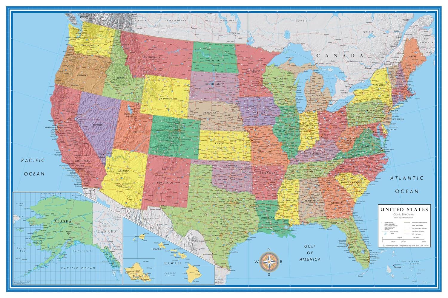 Laminated 50" x 32" United States Wall Map Poster with 3D Relief