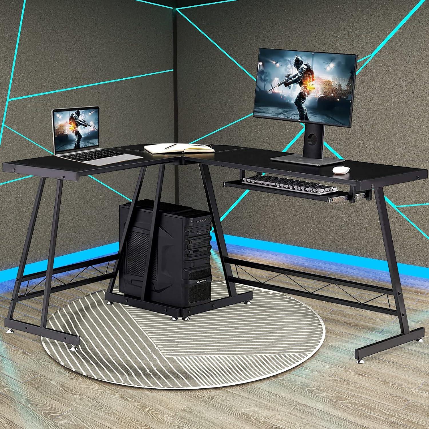 Jet Black L-Shaped Gaming Desk with Keyboard Tray and Drawer