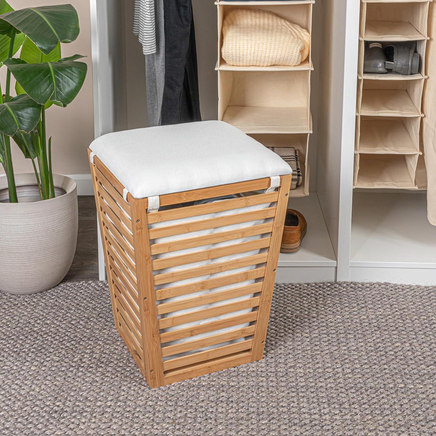 Household Essentials Slatted Natural Bamboo Hamper with Cushioned Lid and Removable Cotton Bag, Natural