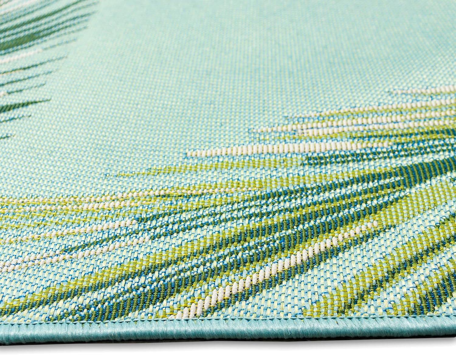 Aqua and Green Palm Leaf Indoor/Outdoor Rectangular Rug