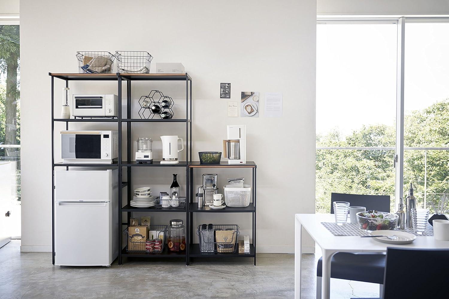 Sleek Black Steel and Ash Wood Kitchen Appliance Tower Rack