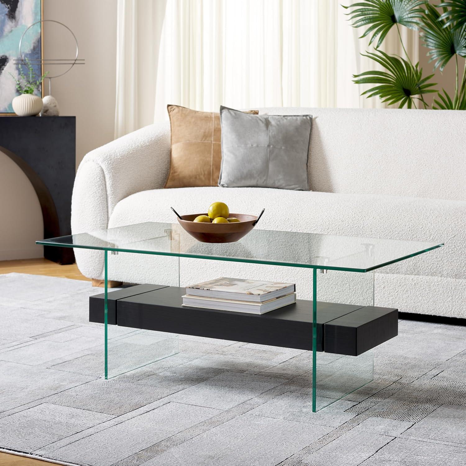 Kayley Coffee Table - Glass/Black Oak Wood Shelf - Safavieh