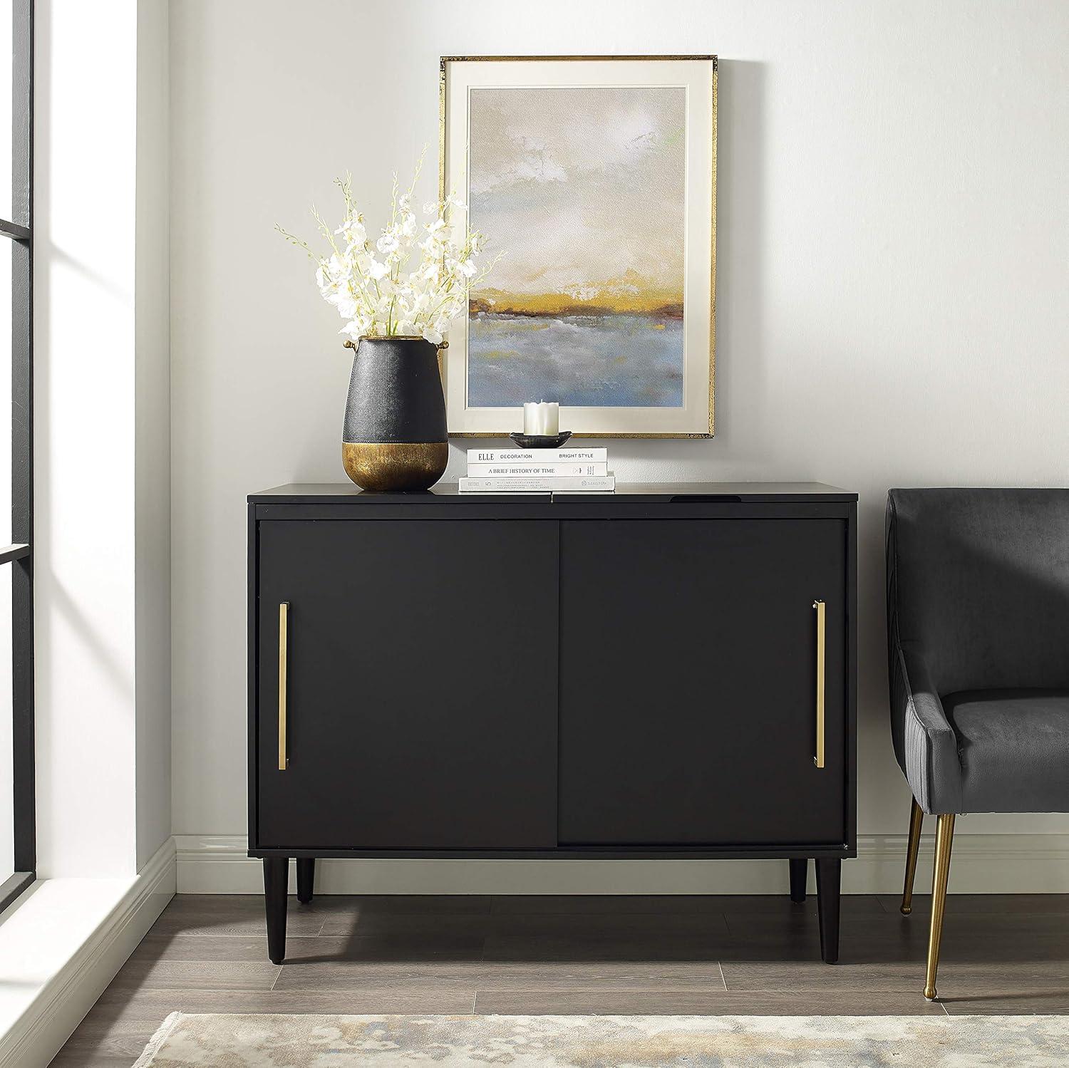 Everett Media Console Matte Black - Crosley: Hinged Lid, Hardwood, Wire Dividers