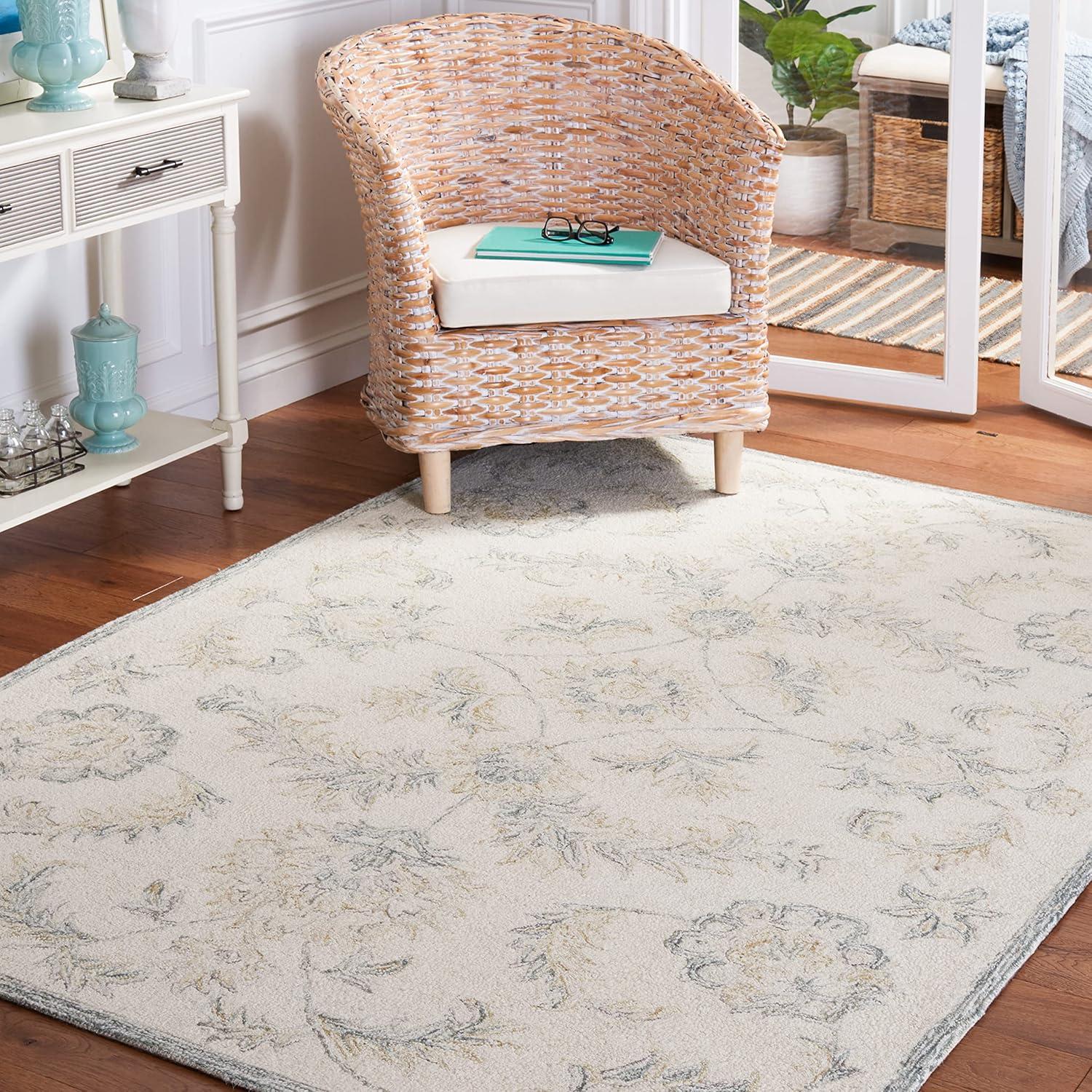 Ivory and Sage Floral Handmade Wool Tufted Area Rug, 3' x 5'