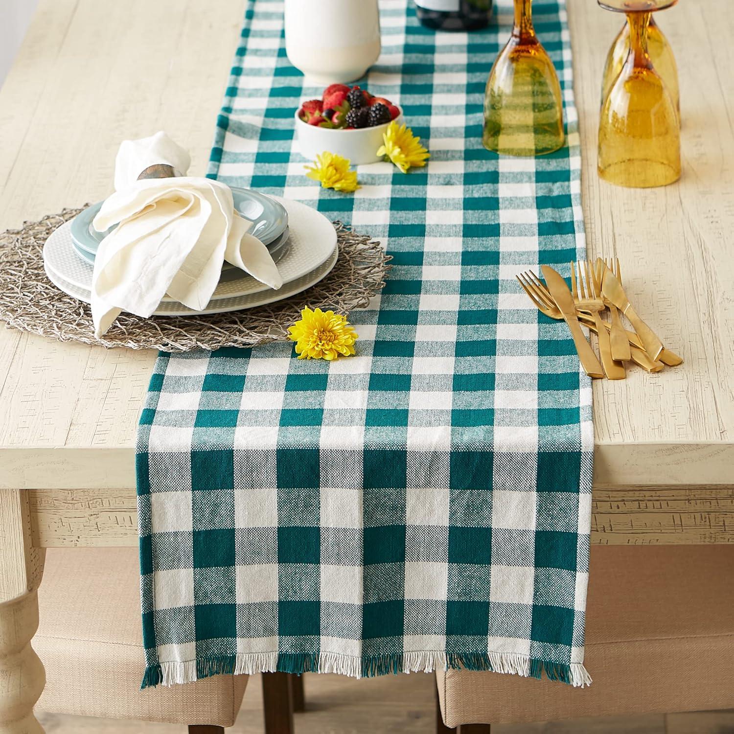 Teal Heavyweight Check Fringed Table Runner 14x72