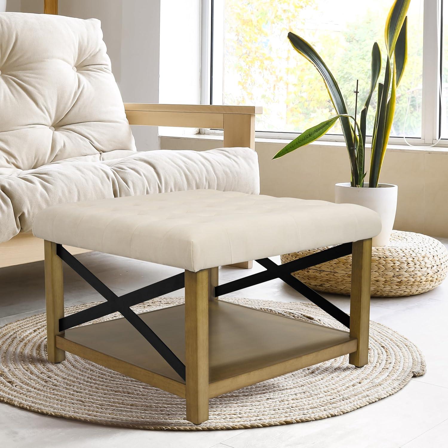 Cream Tufted Cocktail Ottoman with Wooden Storage