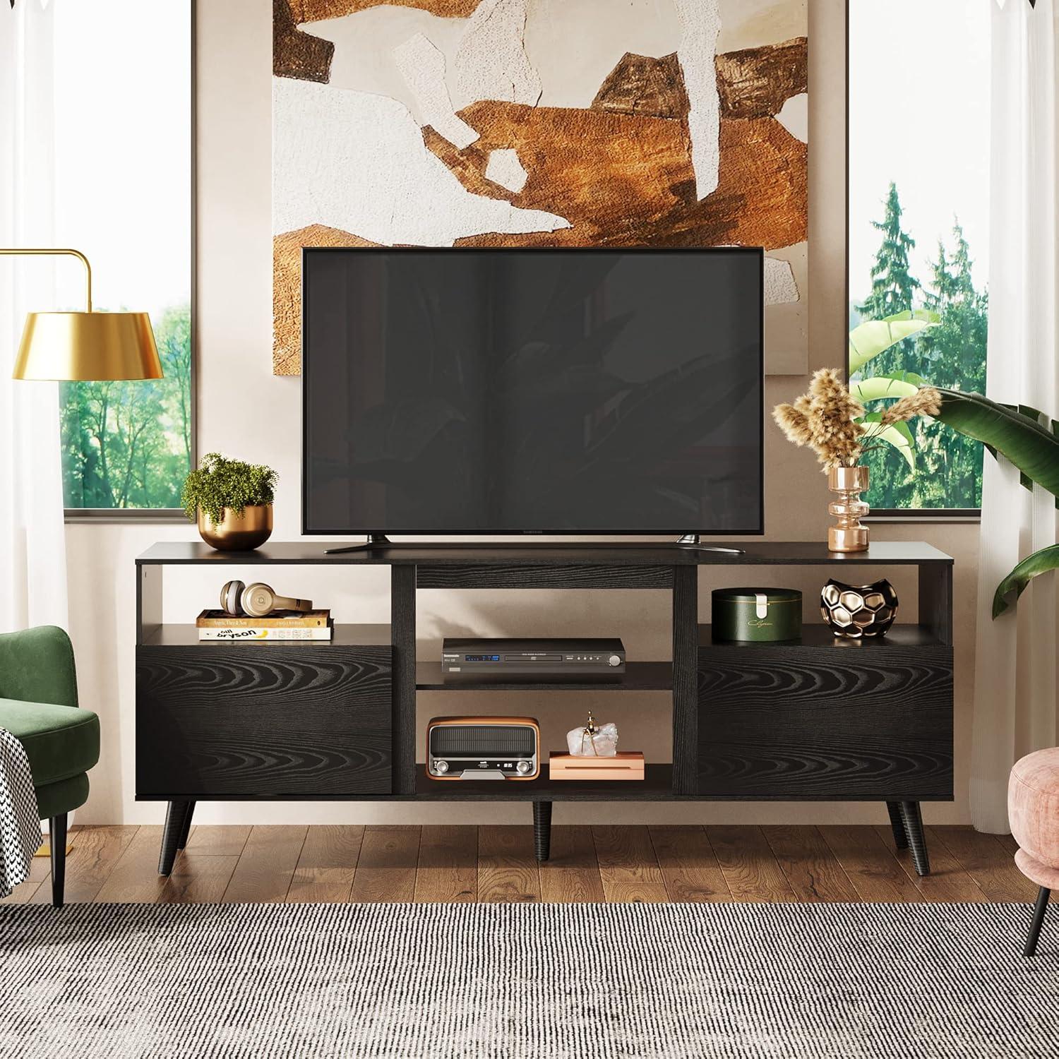 WLIVE TV Stand for 65 Inch TV, 58 inch Entertainment Center with 2 Storage Cabinets, Media Console for Living Room, Bedroom and Office, Black