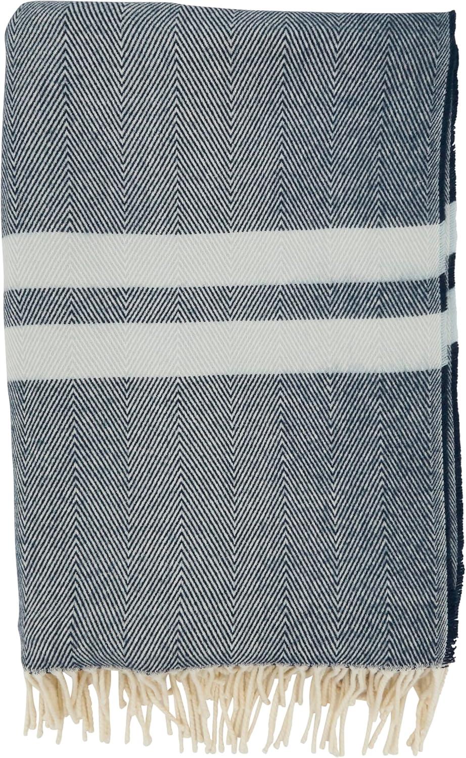 Navy Blue Herringbone Stripe Fringed 50 x 60 Throw