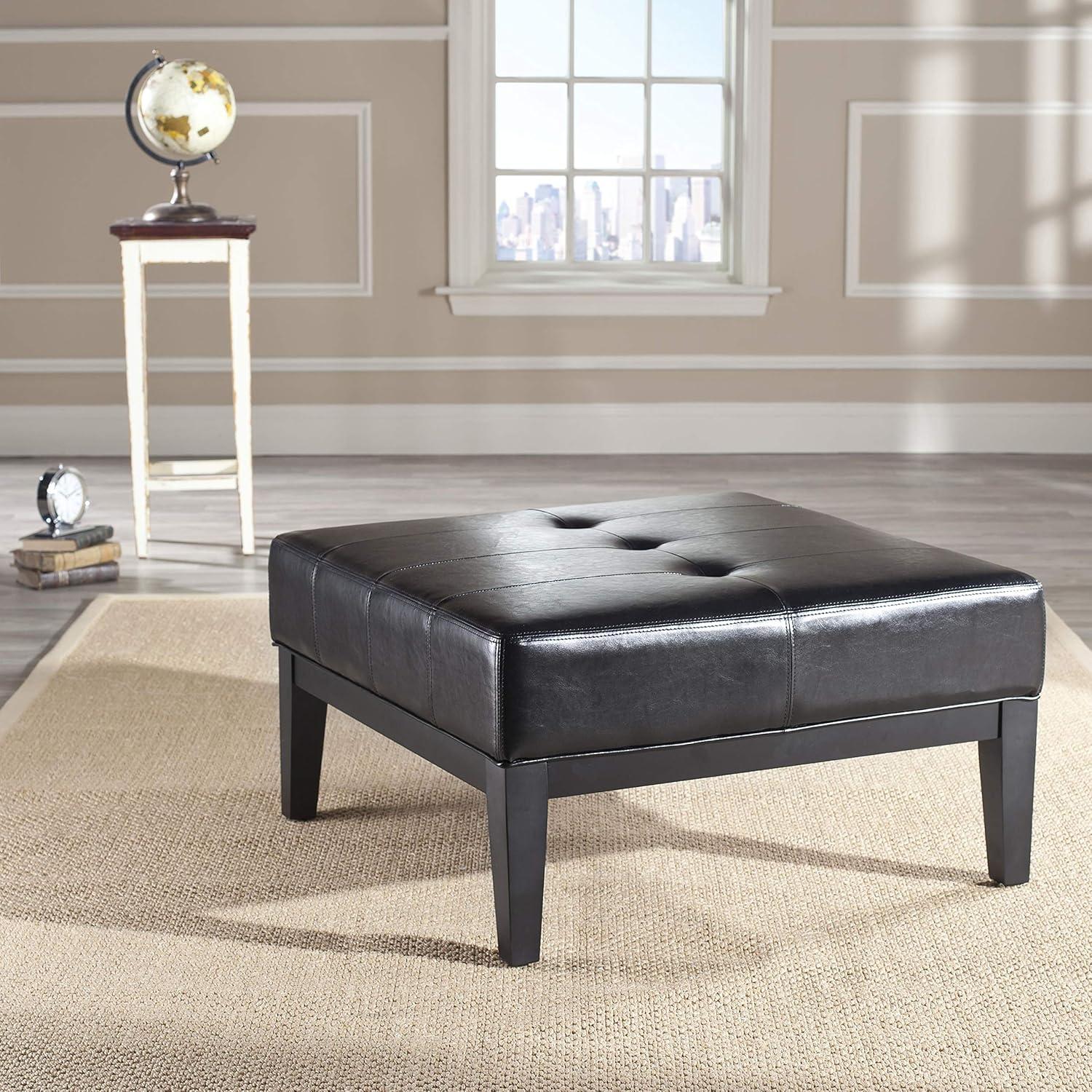 Transitional Black Tufted Cocktail Ottoman with Birch Wood Legs