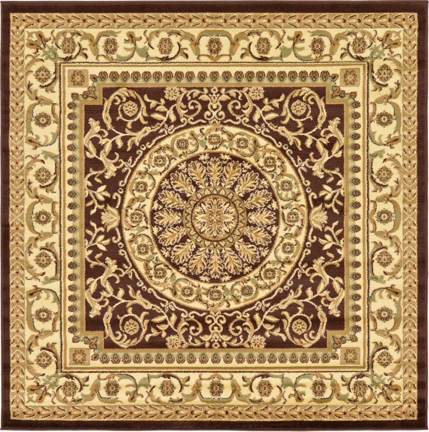 Elegant Medallion 6' Square Brown Synthetic Area Rug