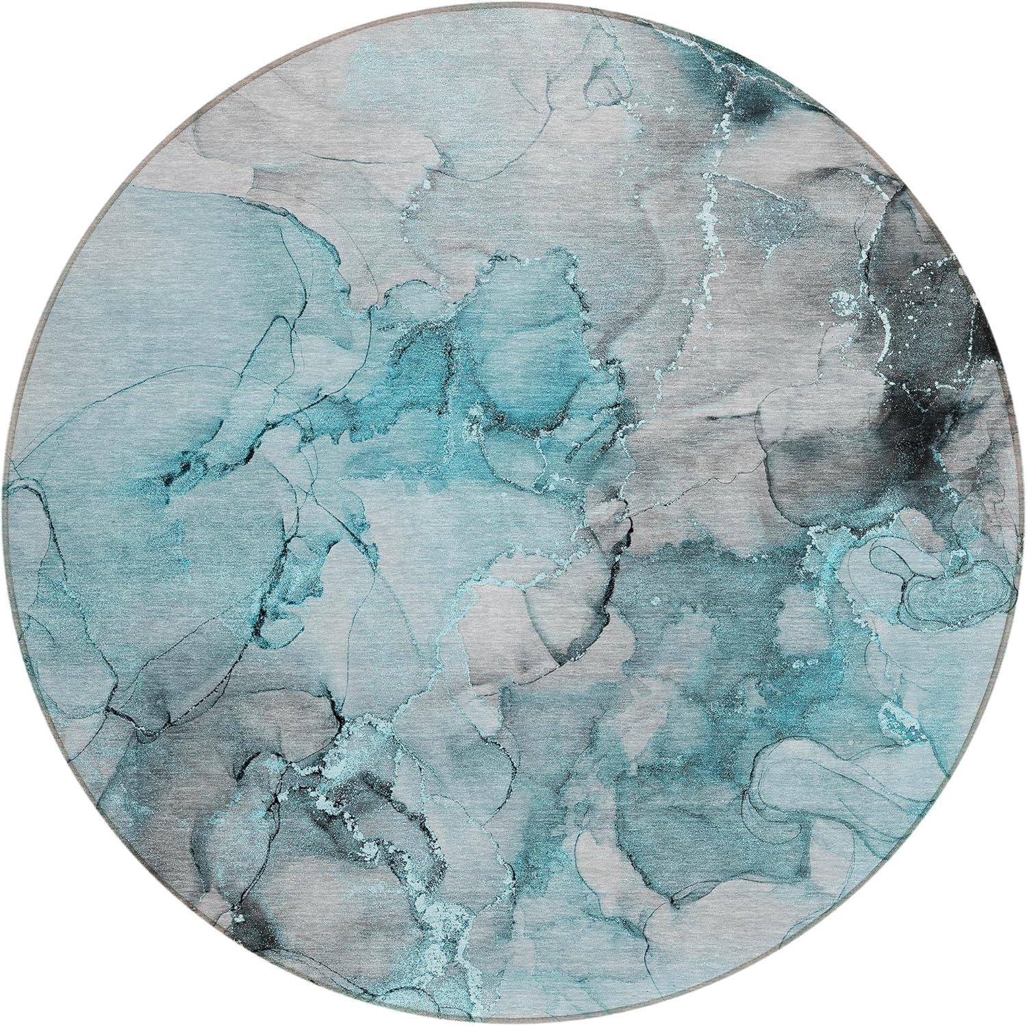 Teal and Gray Round Machine Washable Area Rug