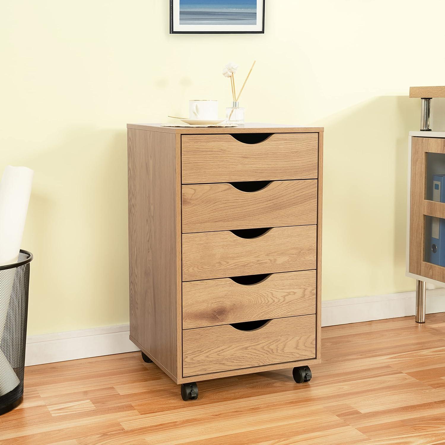 Natural MDF 5-Drawer Office Storage Cabinet with Casters