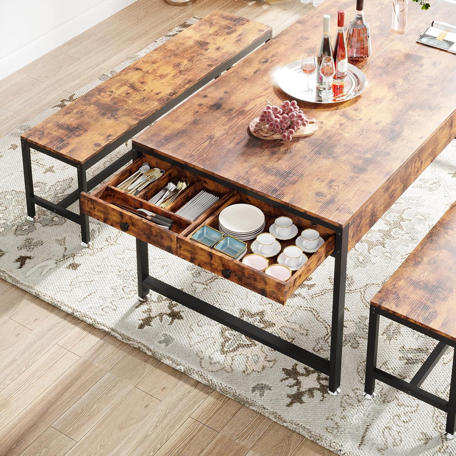 Zubie 63"Dining Table Set for 4-6, 3-Piece Kitchen Table with 2 Utensil Drawers,2 Benches&Wine Rack