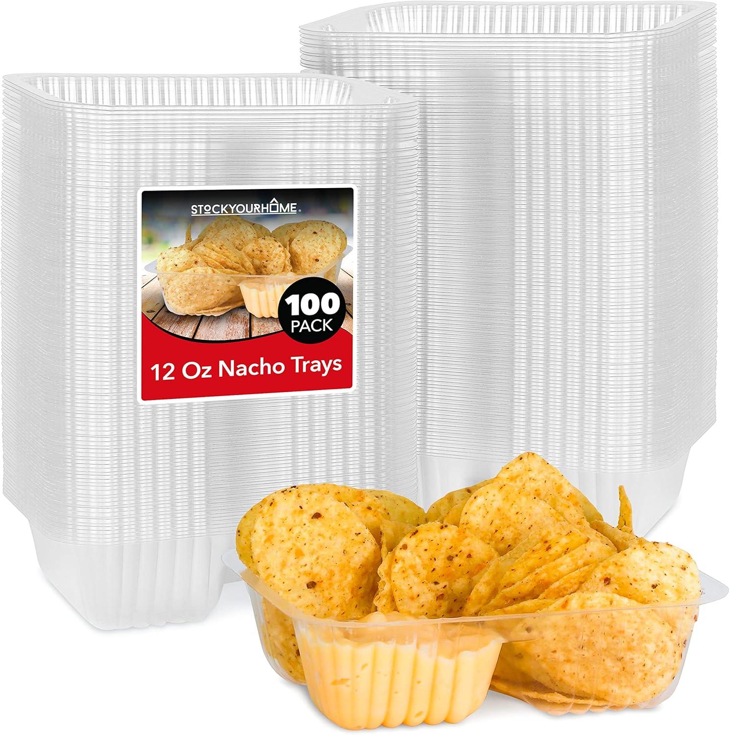 12oz Plastic Nacho Trays (100 Pack) Small Disposable Tray for Nachos & Cheese Dip, Concession Stand Supplies, Movie Night Snacks for Kids, Carnival Party Decorations, Food Boats, Snack Containers…