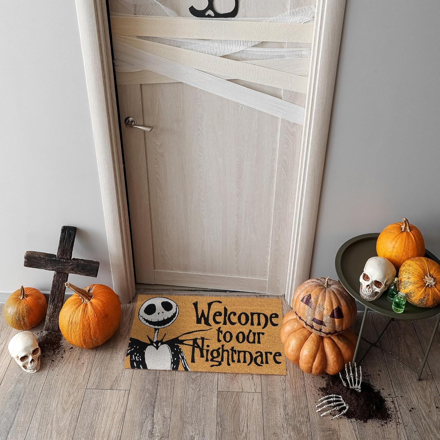 Disney Nightmare Before Christmas Jack Sally Welcome Black White Natural Graphic Non-Slip Indoor/ Outdoor Coir Door Mat 2-Pack, 20x34 (Set of 2)