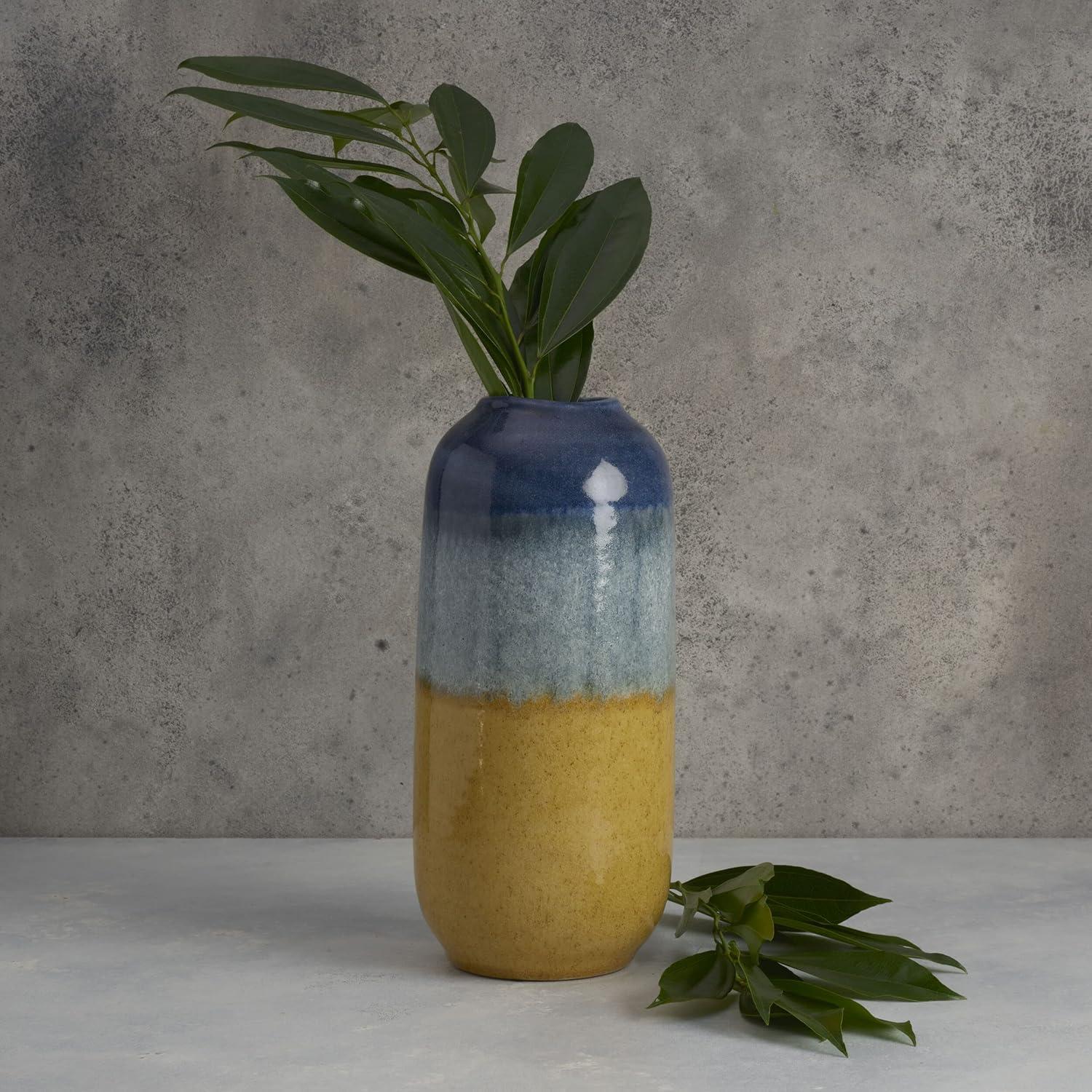 Blue and Tan Round Ceramic Table Vase