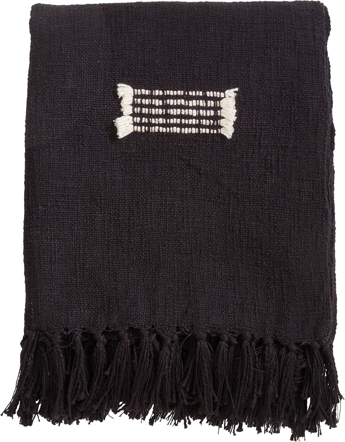 Black Cotton Throw Blanket with Fringed Lines, 50 x 60 Inch