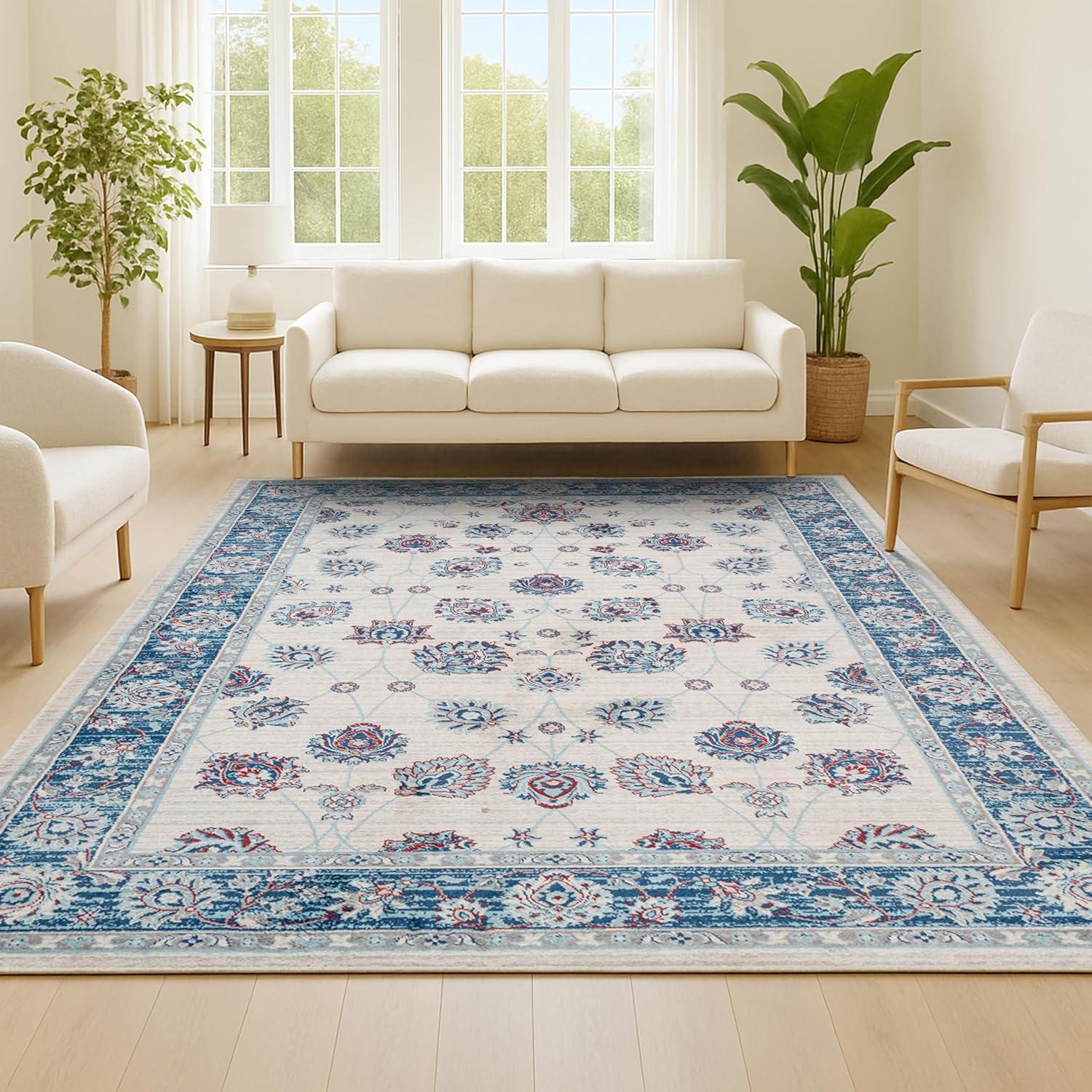 4' X 6' Modern Persian Vintage Moroccan Traditional Area Rug, Blue/Ivory/Red - JONATHAN Y