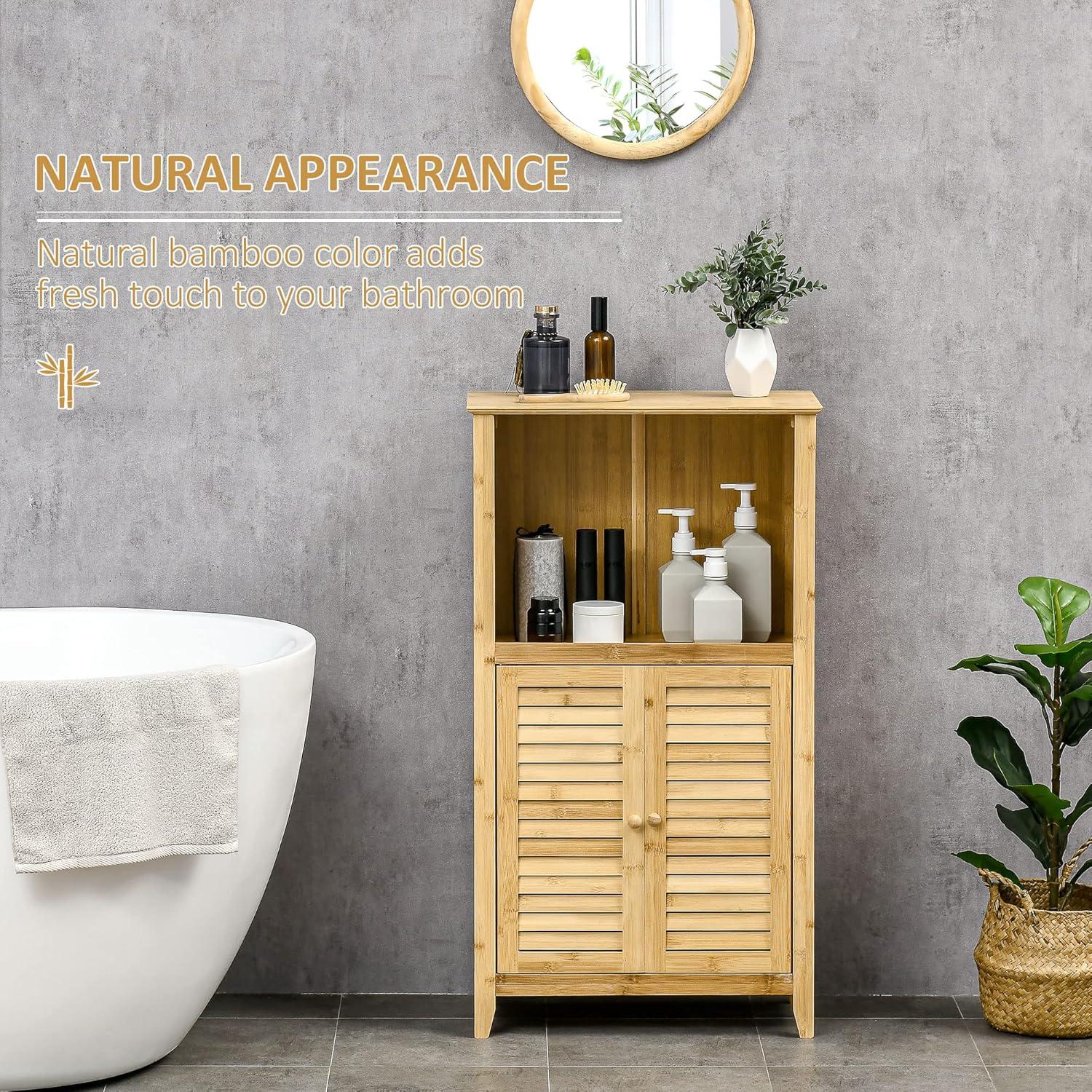 HOMCOM Bamboo Floor Cabinet Bathroom Floor Cabinet Living Room Organizer Tower with Multiple Shelves and Doors, Natural