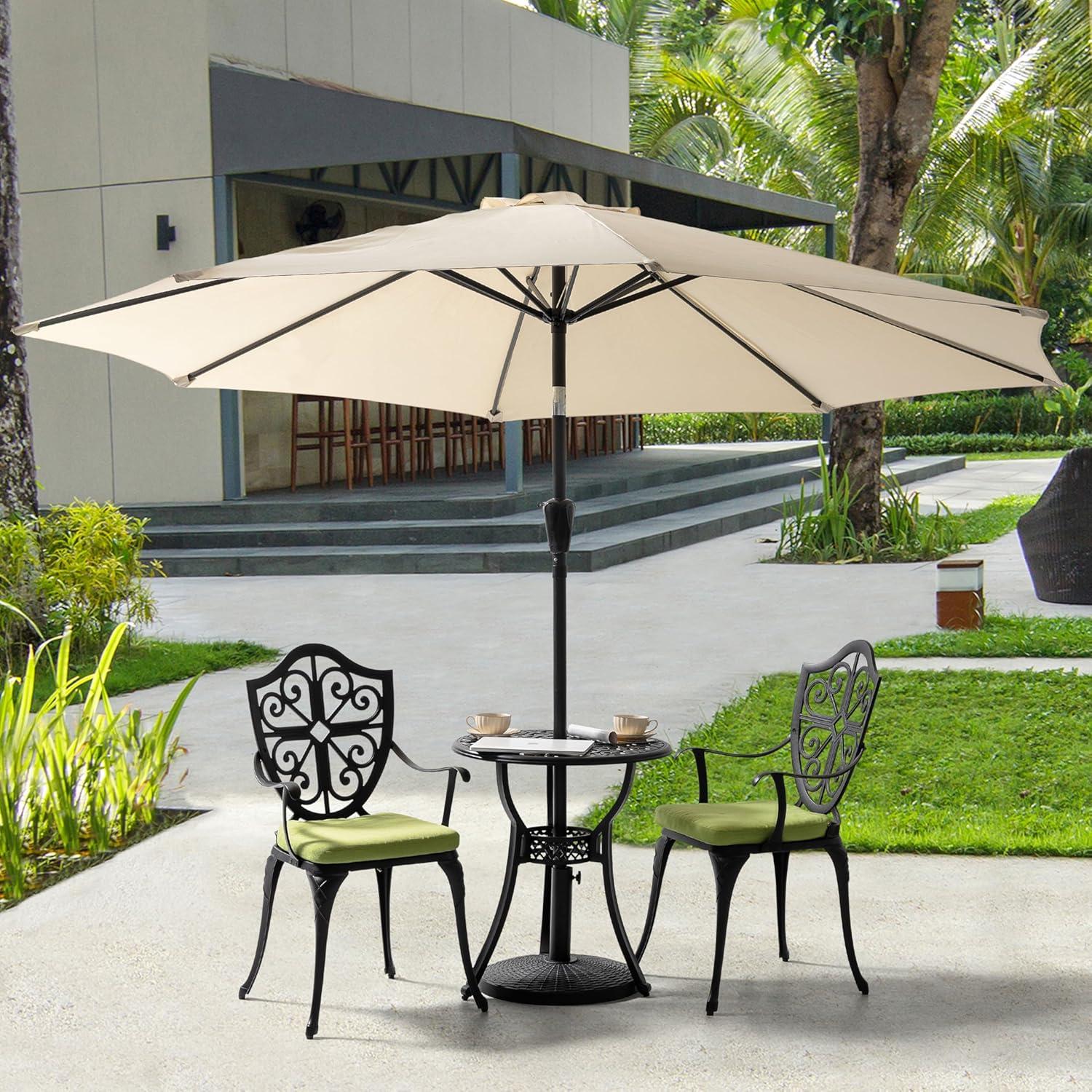 Nuu Garden 3 Piece Cast Aluminum Outdoor Bistro Set, Patio Bistro Set with Cushions and Umbrella Hole Rust-Resistant Outdoor Dining Set, Black&Green