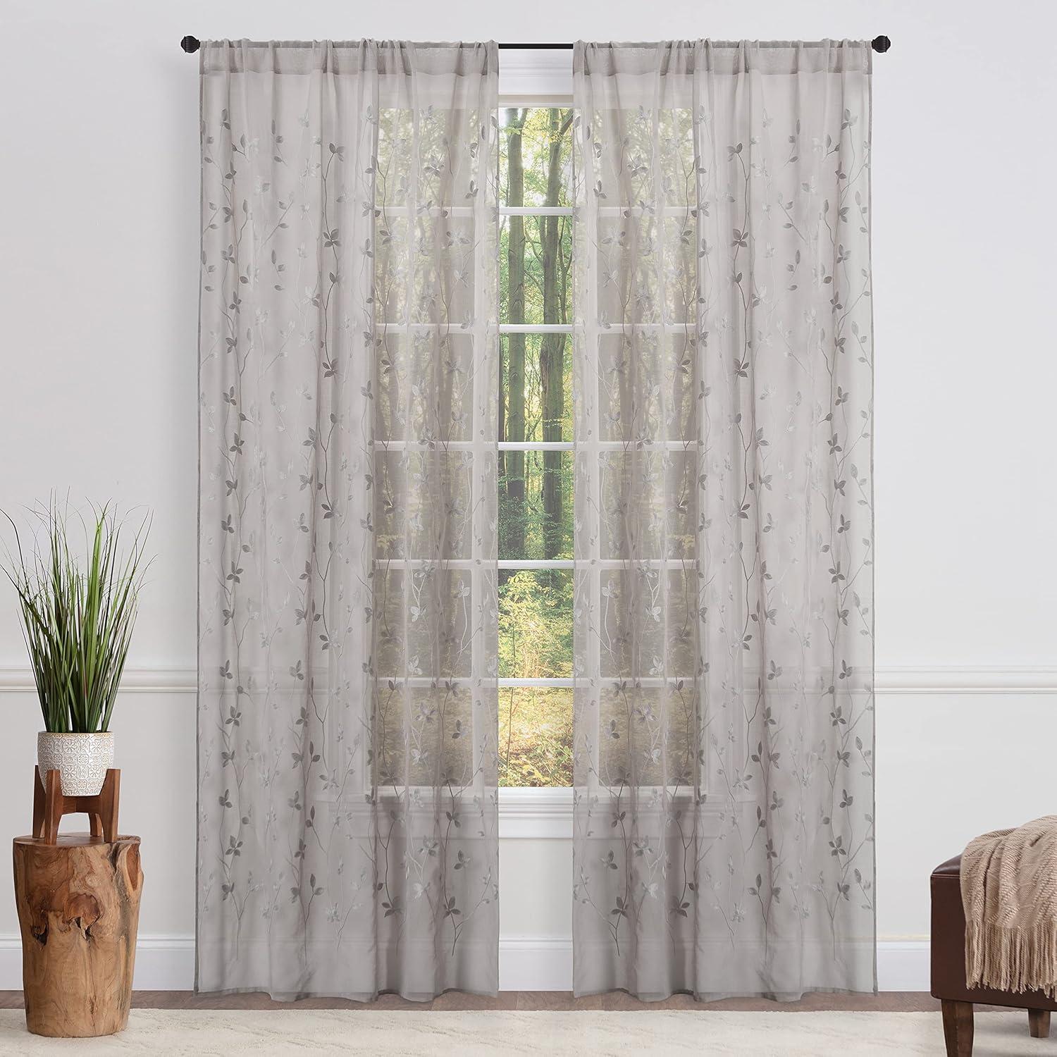 Chanasya 2pk Embroidered Vine Sheer Window Curtain Panels - Set of 2 - 52 x 96 Inches Long - Taupe