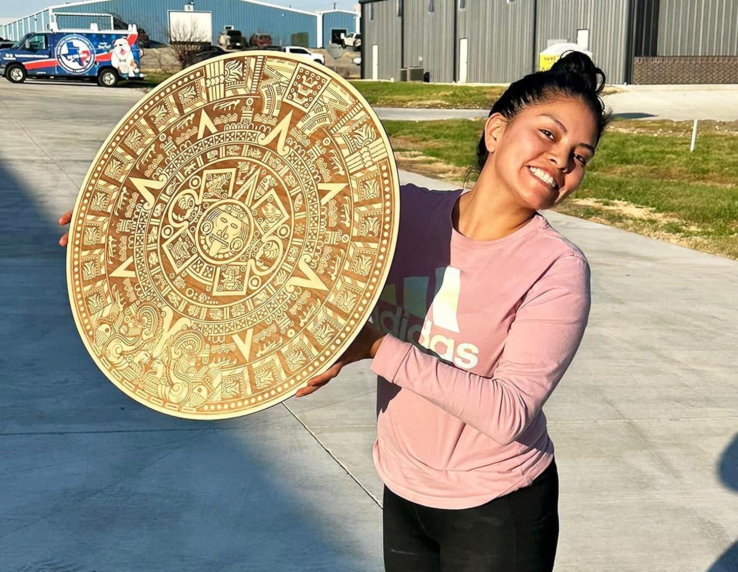 Urbalabs Wood Aztec Calendar Wall Decor 12" Inch Wall Hanging Mexico Aztec Calendar Mayan Calendar Cinco De Mayo Mexican Sun Azteca Calendario Laser Engraved Made In USA (12 Inch)
