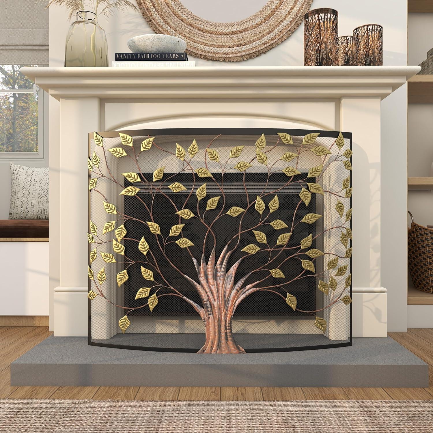 Bronze Metal Tree Design Fireplace Screen with Golden Leaves