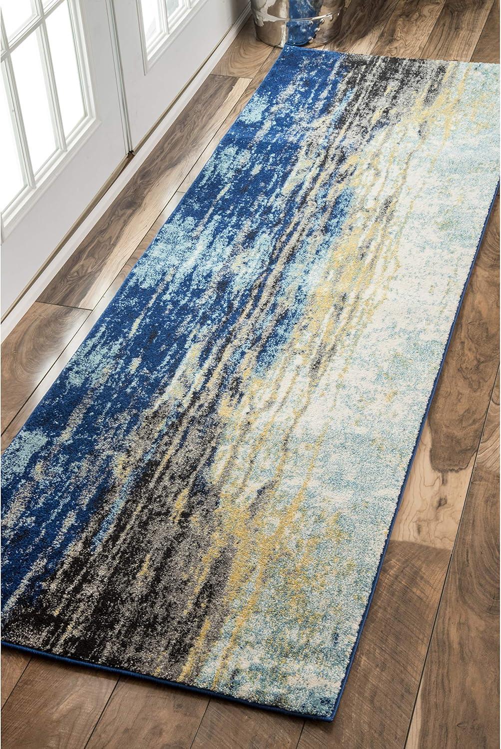 Braided Blue Abstract Motif Synthetic Runner Rug, 2'8"x8'