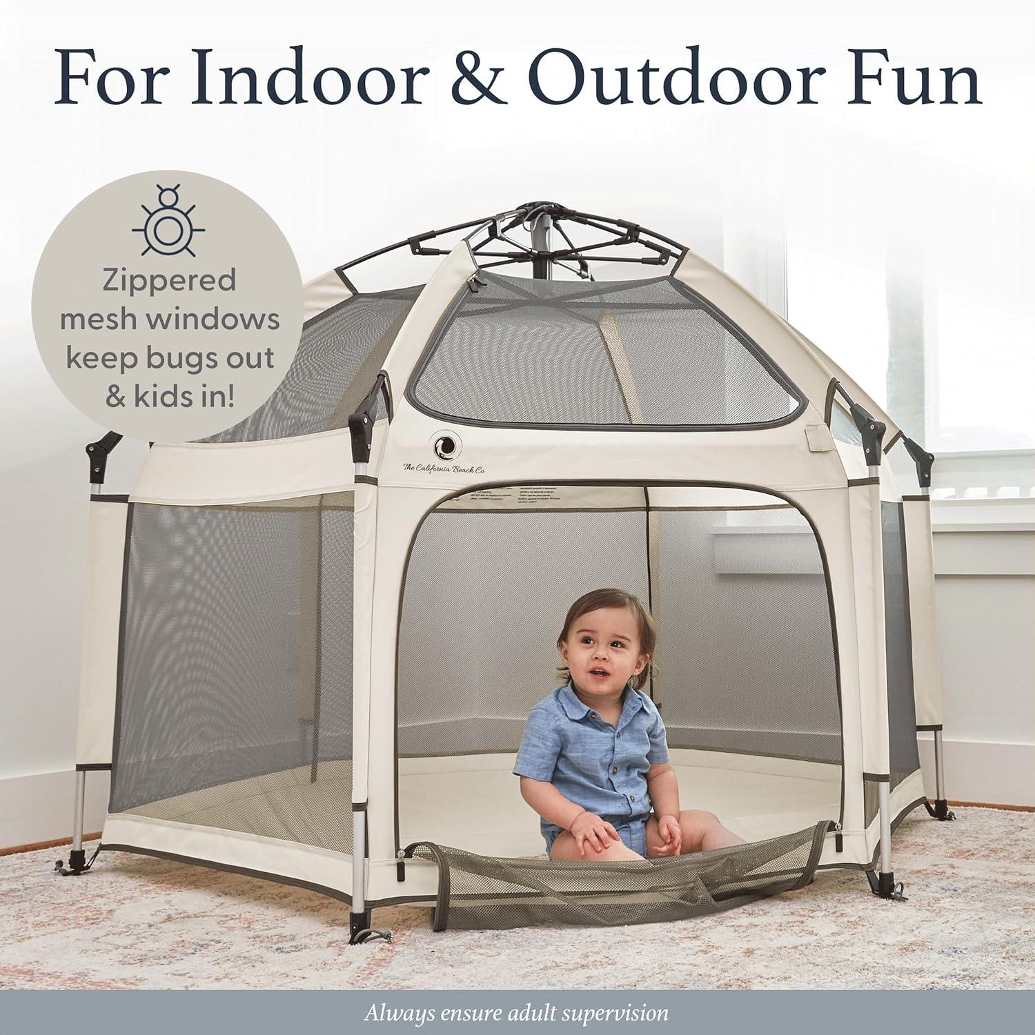 Warm Ivory Portable Pop-Up Playpen with Canopy and Travel Bag