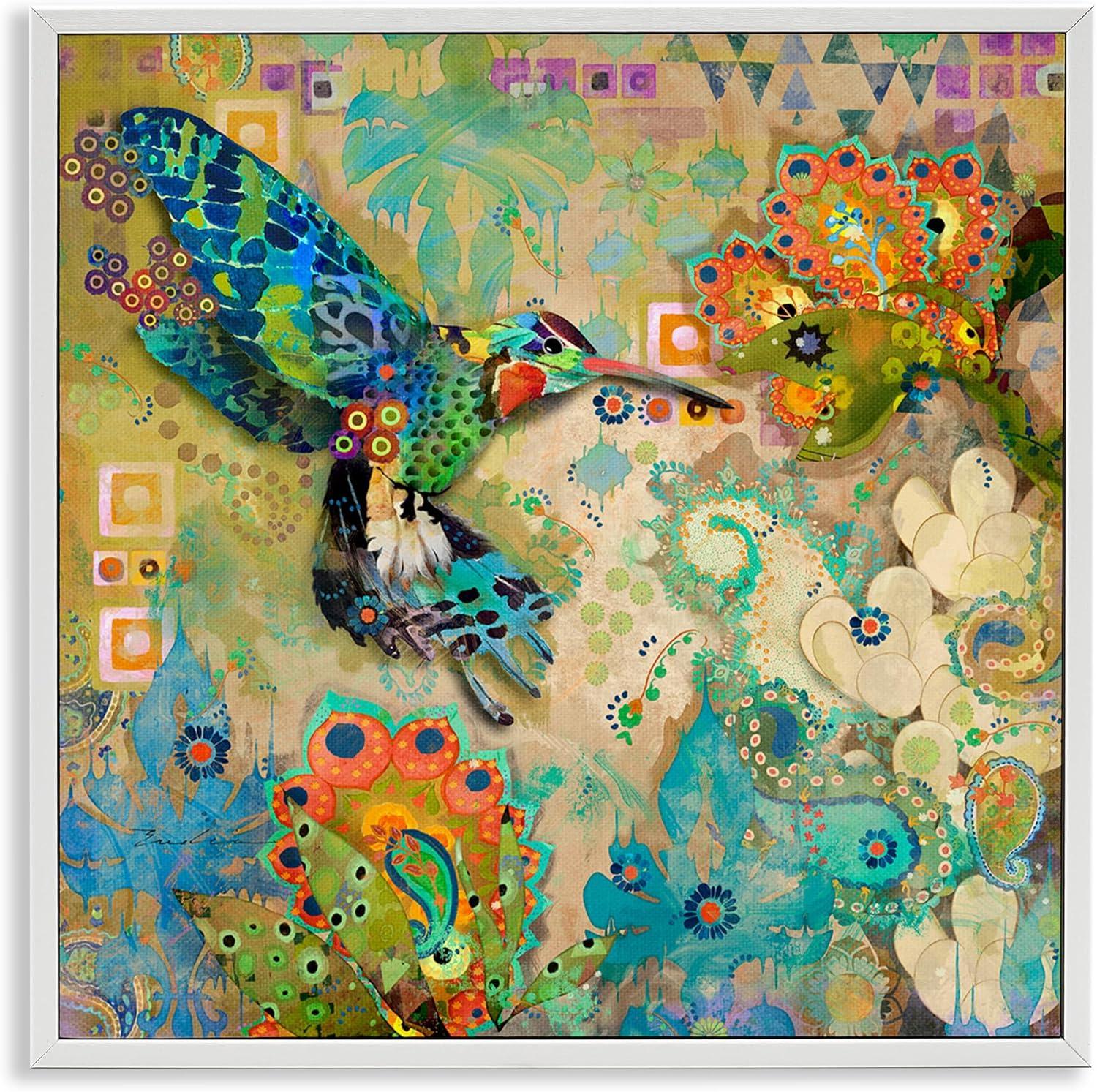 Boho Hummingbird Pattern Multicolor Canvas Print with White Frame