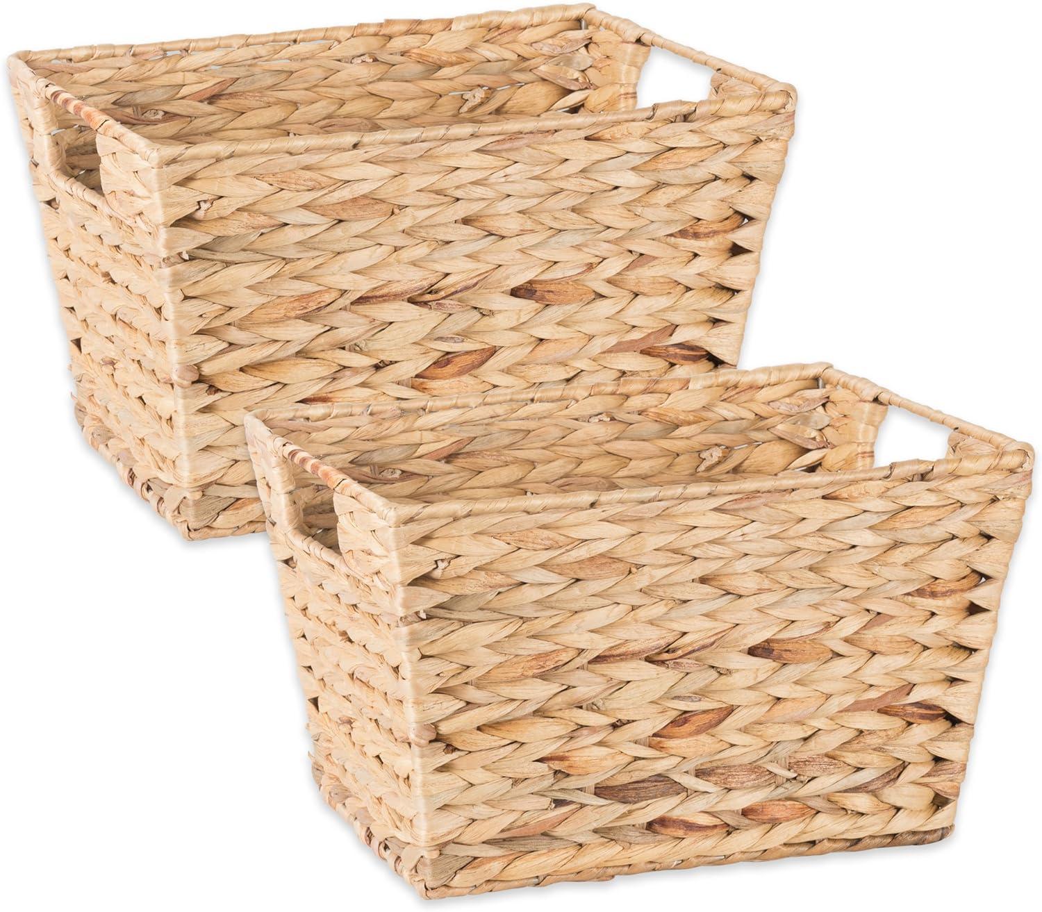 Natural Water Hyacinth Rectangular Storage Baskets with Wood Handles, Set of 2
