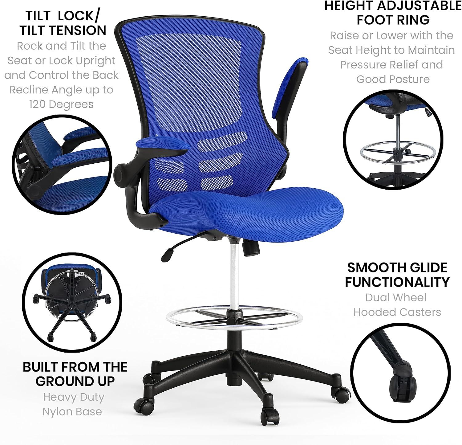 Flash Furniture Kelista Mid-Back Blue Mesh Ergonomic Drafting Chair with Adjustable Foot Ring and Flip-Up Arms