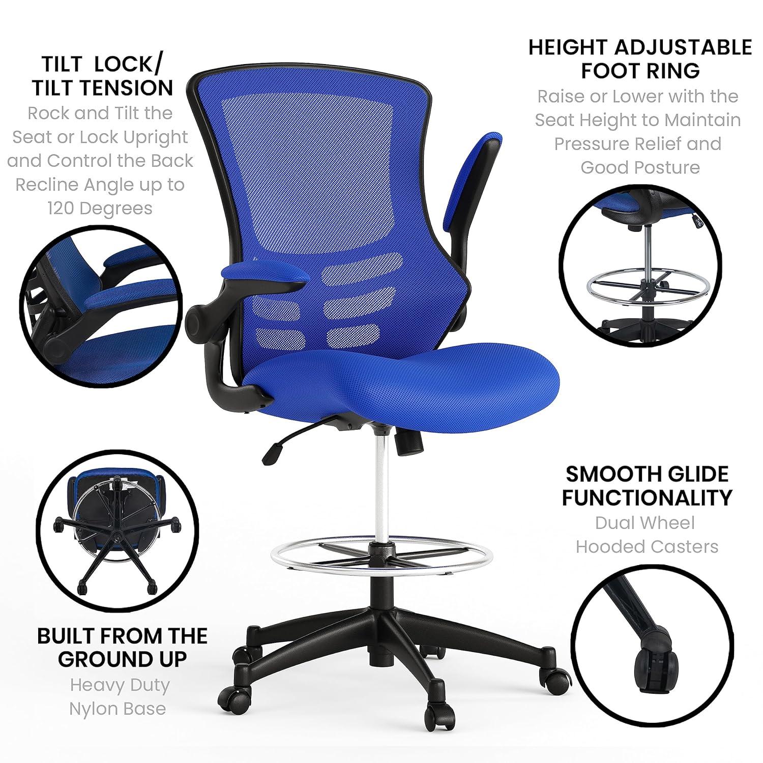 Emma and Oliver Mid-Back Red Mesh Ergonomic Drafting Chair with Foot Ring and Flip-Up Arms