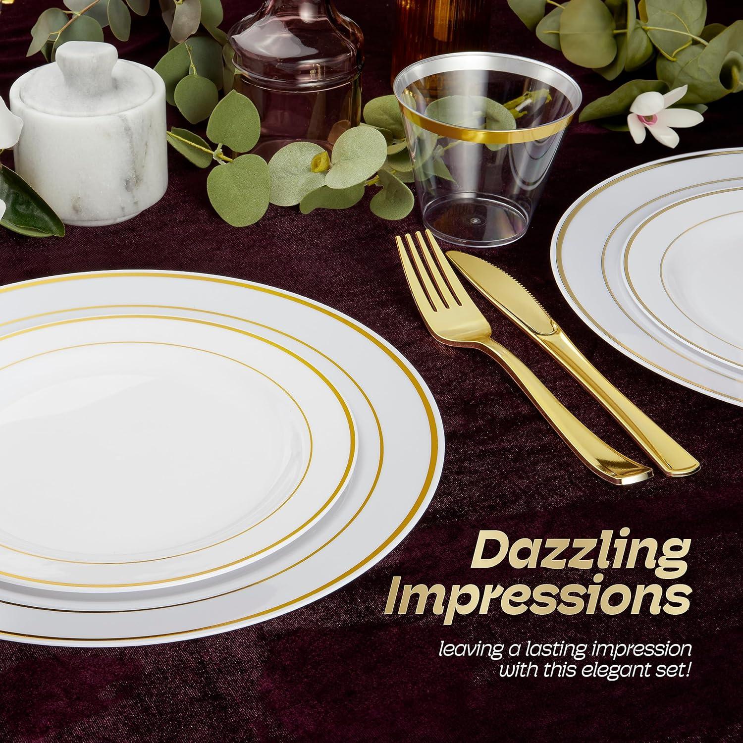 Gold Disposable Dinnerware Set for 100 Guests - 600PC BPA-Free Plastic Plates & Cutlery Kit with 100 Dinner Plates, Salad Plates, Forks, Knives, Spoons & Cups for Wedding, Party, Catering (Heavy-Duty)