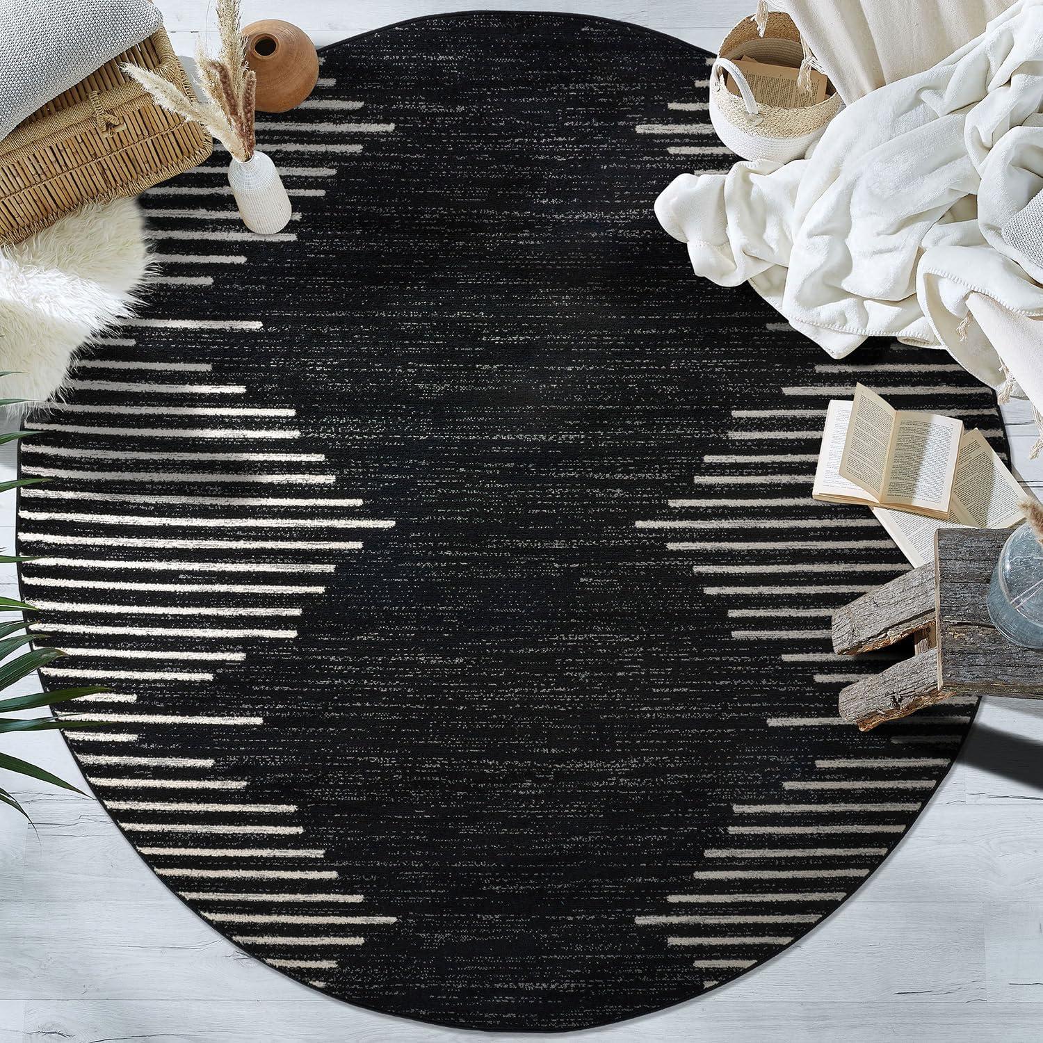 World Rug Gallery Area Rug Bohemian Stripe Jute Rug Carpets for Living Room Rugs for Sale - BLACK 6' Round