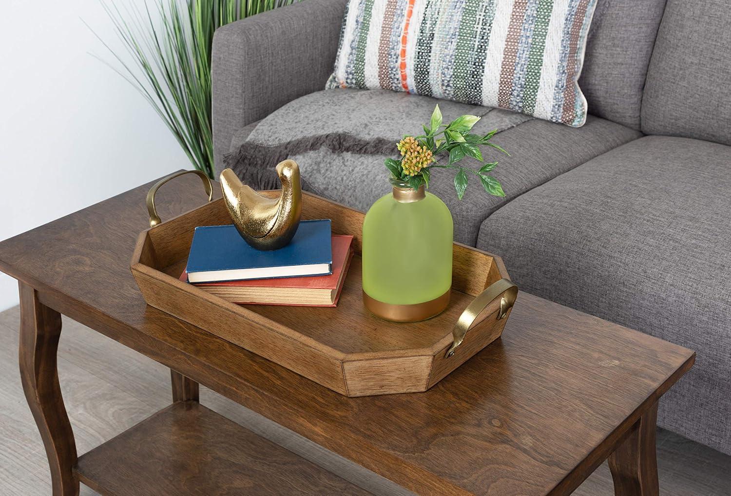 Brown Wooden Octagon Tray with Brass Handles