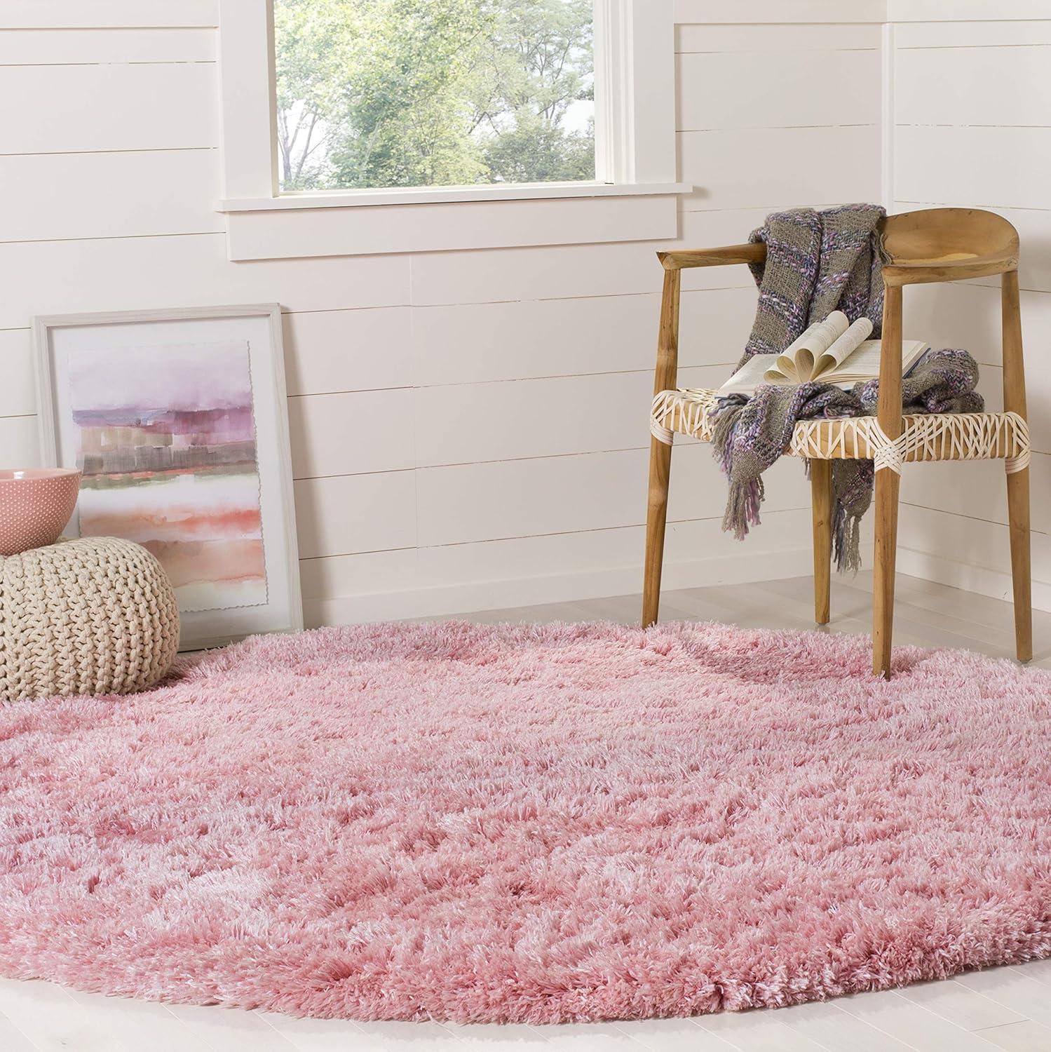 Round Light Pink Shag Synthetic Easy Care Area Rug