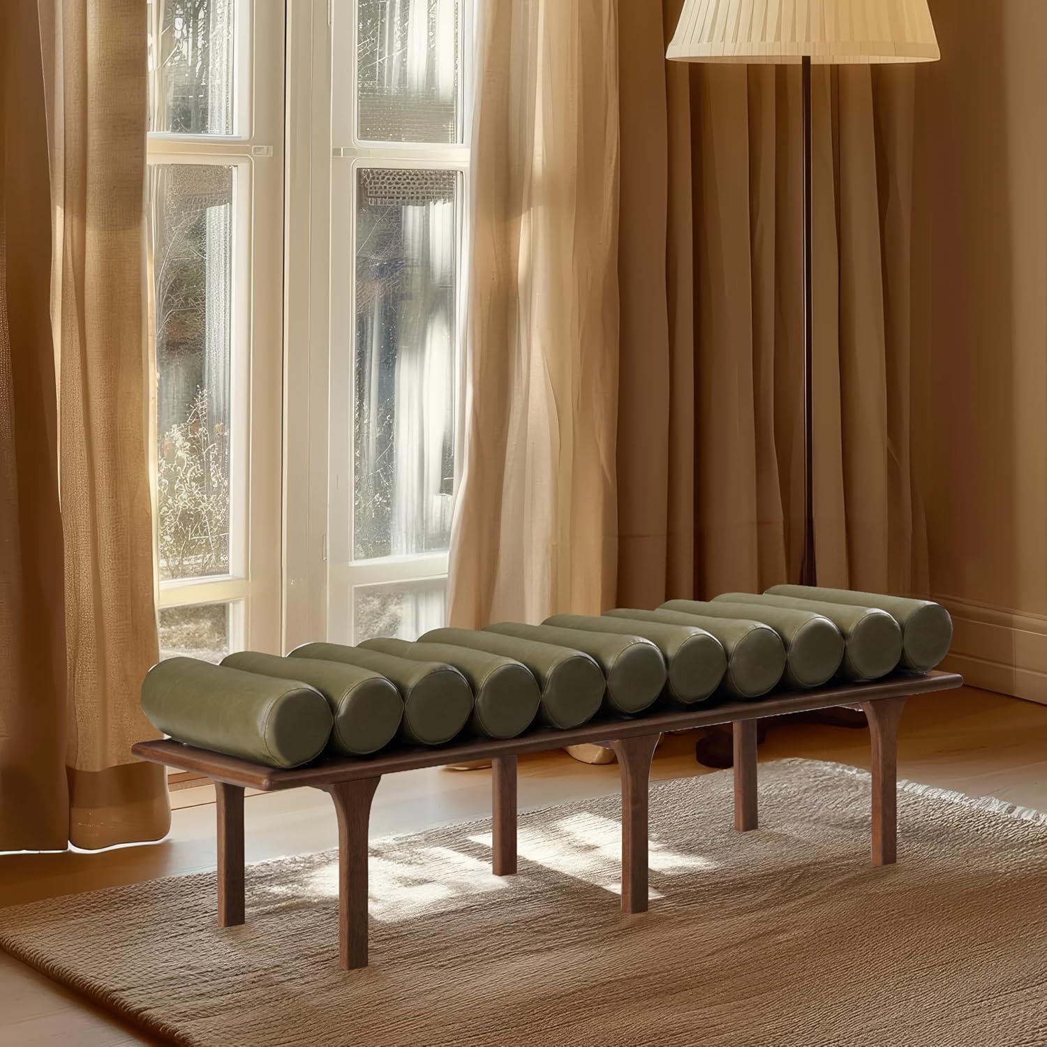 Olive Green Vegan Leather and Walnut Art Deco Bench