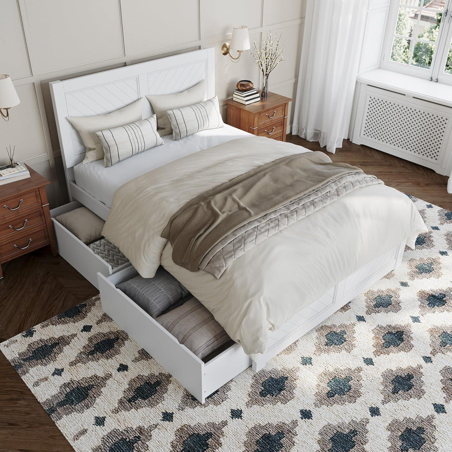 AFI Canyon White Solid Wood Platform Bed with Matching Footboard & Storage Drawers, Full