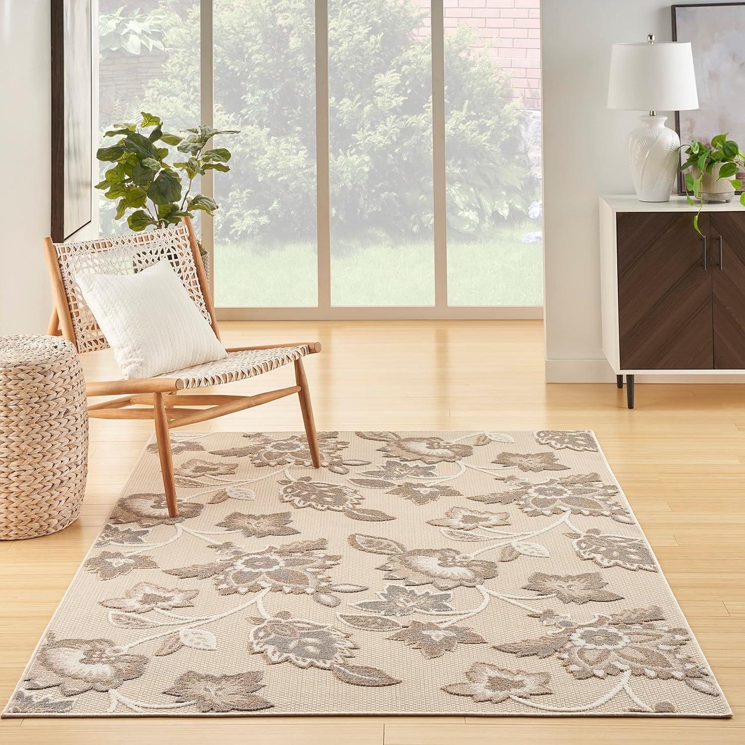 Nourison Aloha Floral Farmhouse Flatweave High-Low Indoor Outdoor Area Rug Beige 3'6" x 5'6"