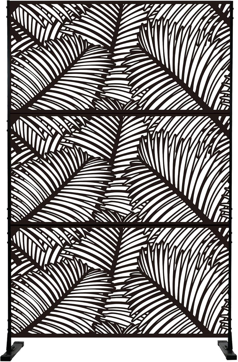 Kozyard Kozyard Metal Privacy Screen Decorative Outdoor Divider With Stand Panels (Black Palm Leaf)