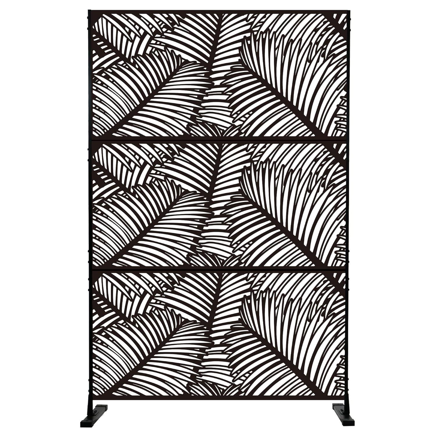 Kozyard Kozyard Metal Privacy Screen Decorative Outdoor Divider With Stand Panels (Black Palm Leaf)