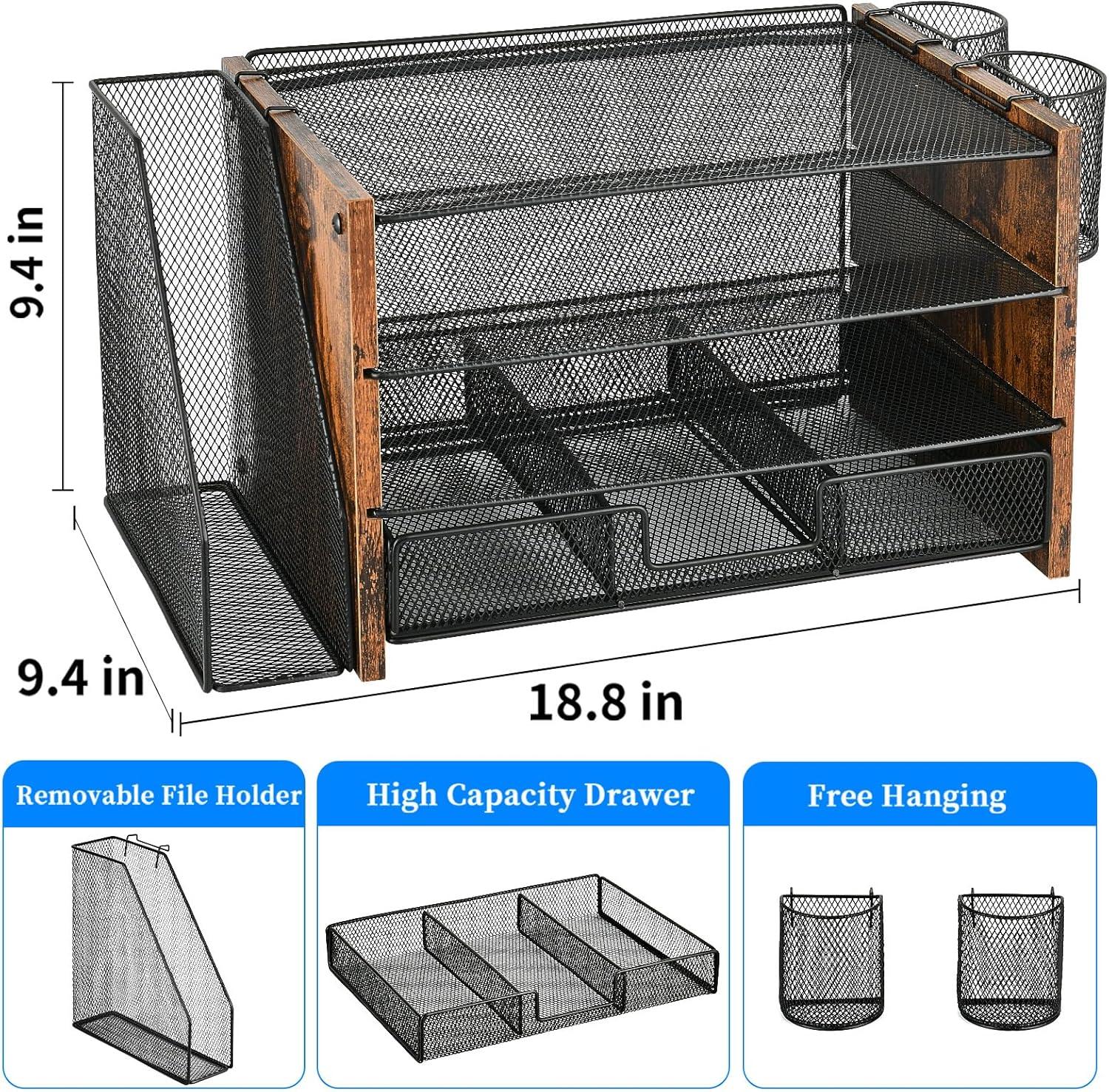 Desk Organizer and Accessories, 4-Tier Desktop File Organizer with Drawer and 2 Pen Holders, Office Desk Accessories for Office Supplies(Black)