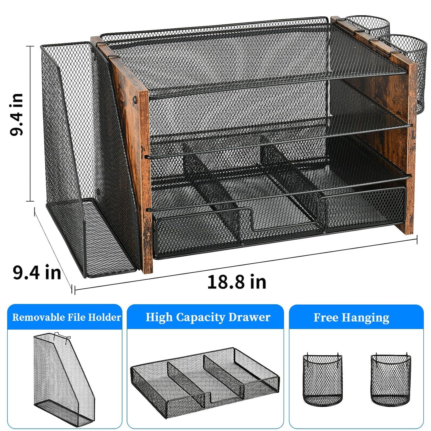 Desk Organizer and Accessories, 4-Tier Desktop File Organizer with Drawer and 2 Pen Holders, Office Desk Accessories for Office Supplies(Black)
